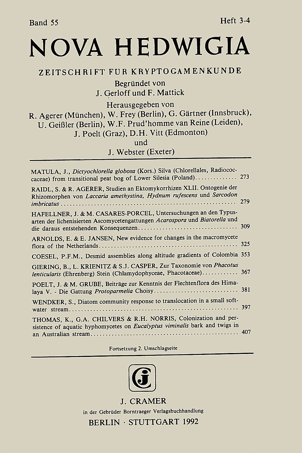 Cover image of:  - Nova Hedwigia Band 55 Heft 3-4 Journal of Cryptogamic Science