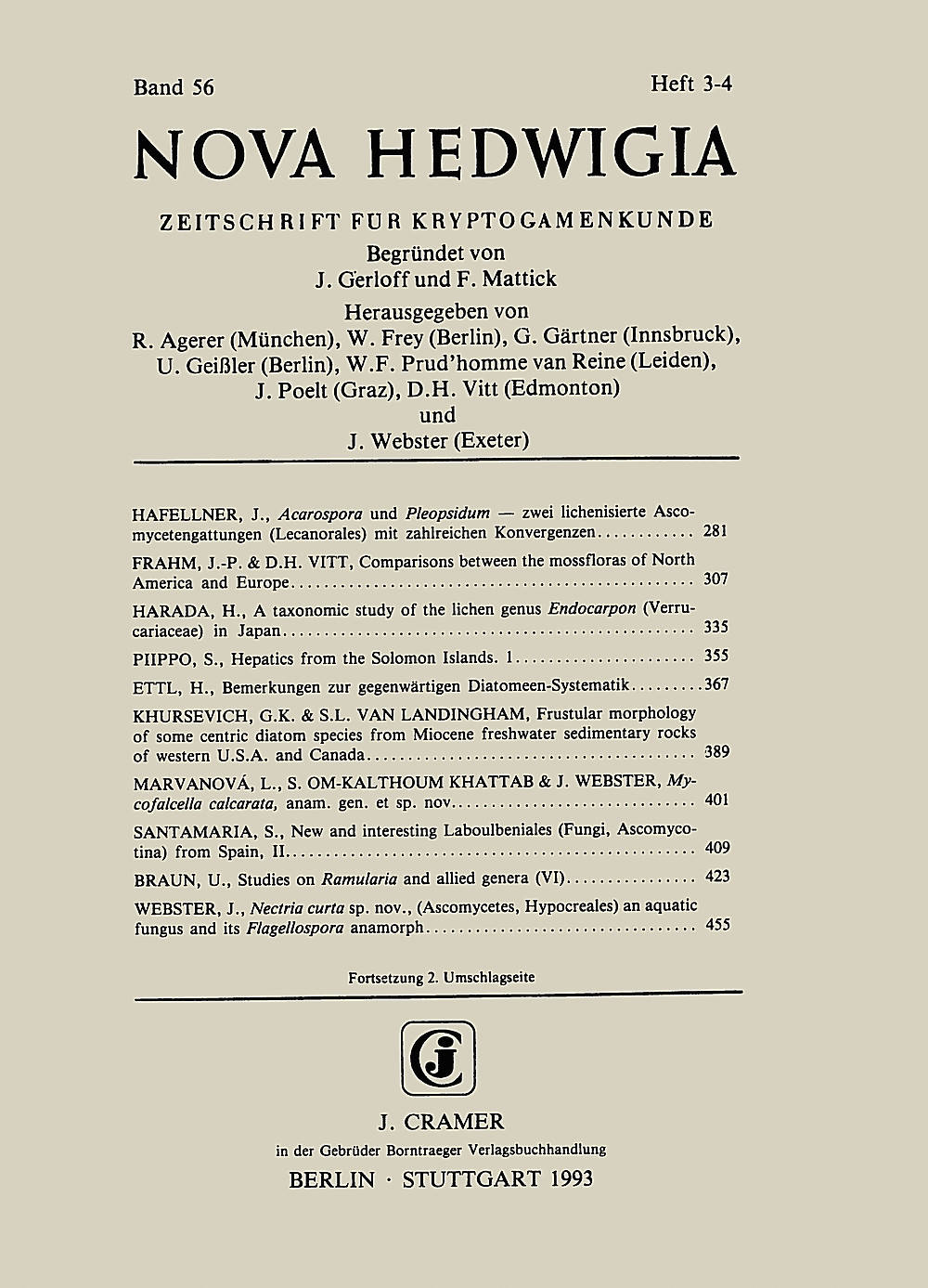 Cover image of:  - Nova Hedwigia Band 56 Heft 3-4 Journal of Cryptogamic Science