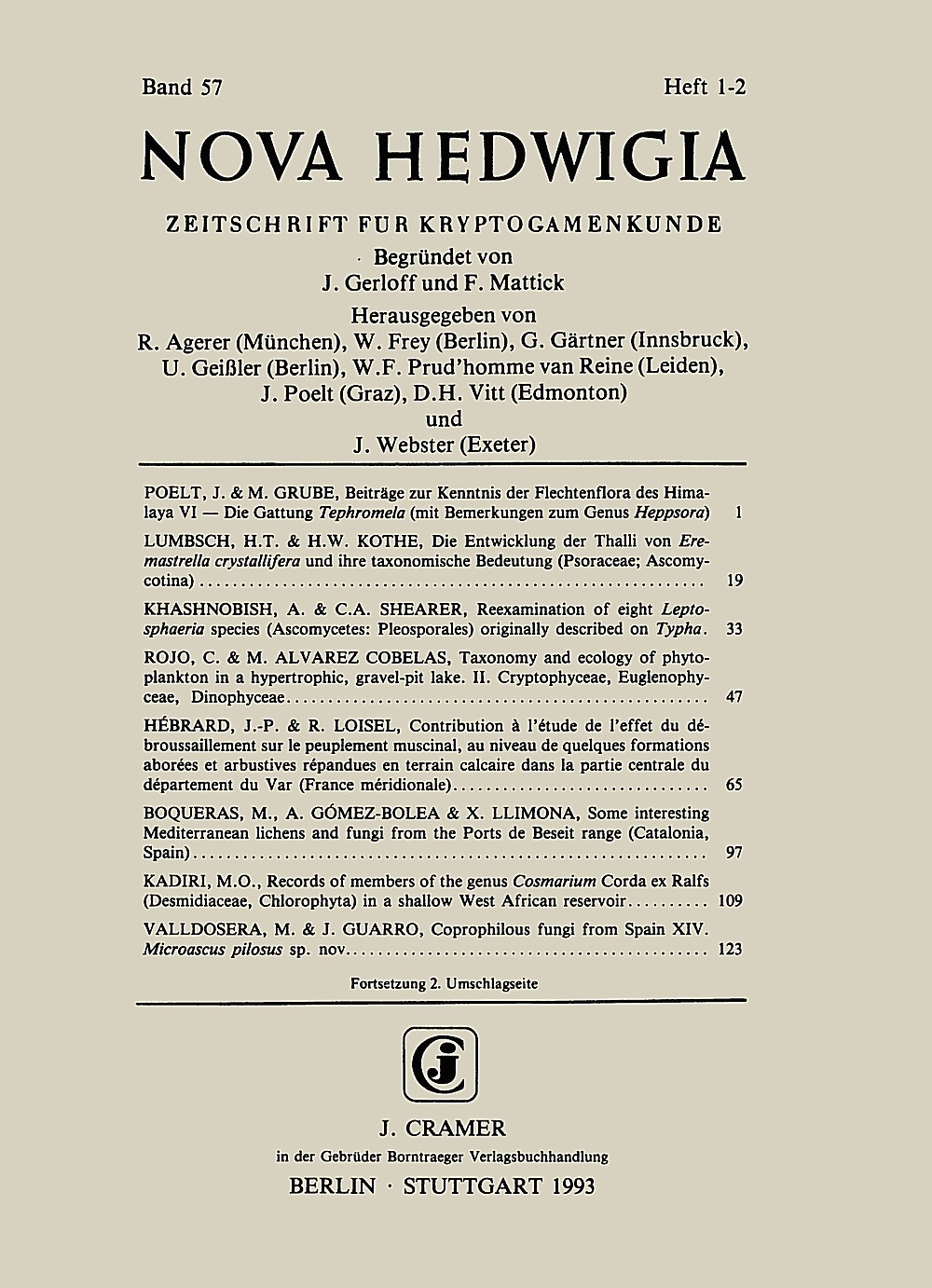 Image de couverture de:  - Nova Hedwigia Band 57 Heft 1-2 Journal of Cryptogamic Science