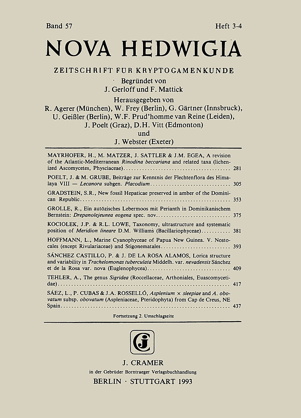 Cover image of:  - Nova Hedwigia Band 57 Heft 3-4 Journal of Cryptogamic Science