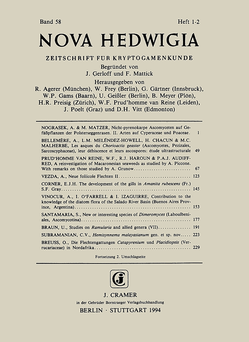 Cover image of: - Nova Hedwigia Band 58 Heft 1-2 Journal of Cryptogamic Science