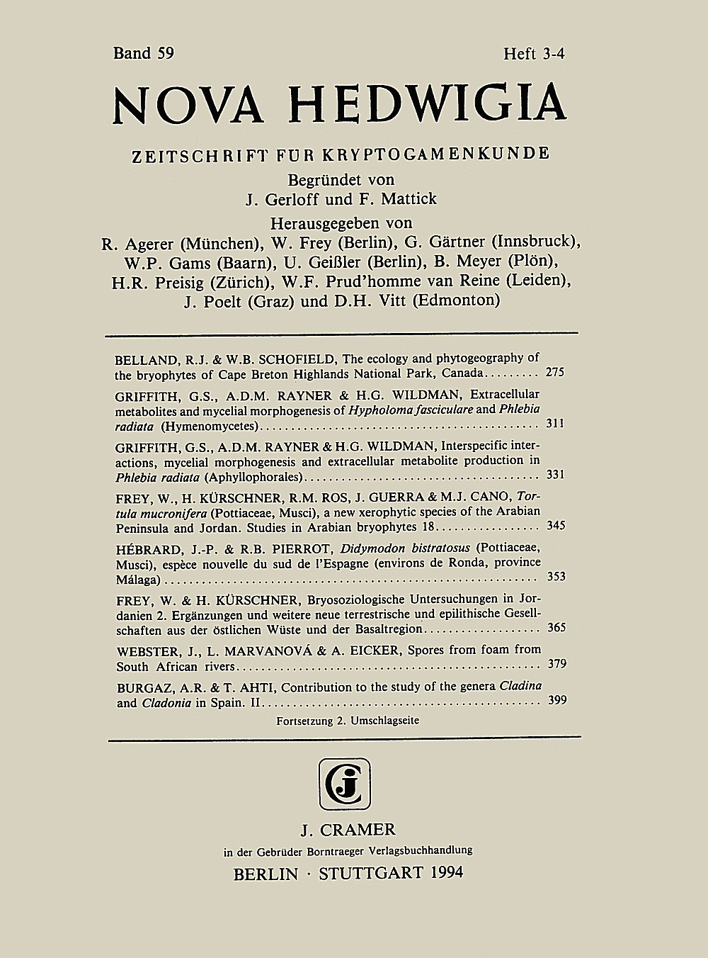 Cover image of:  - Nova Hedwigia Band 59 Heft 3-4 Journal of Cryptogamic Science