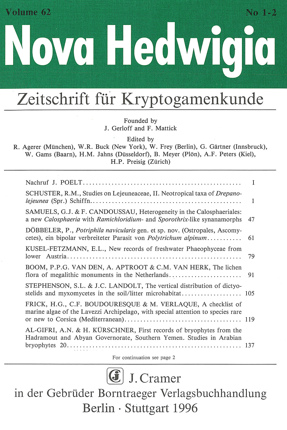 Cover image of: Nova Hedwigia Band 62 Heft 1-2