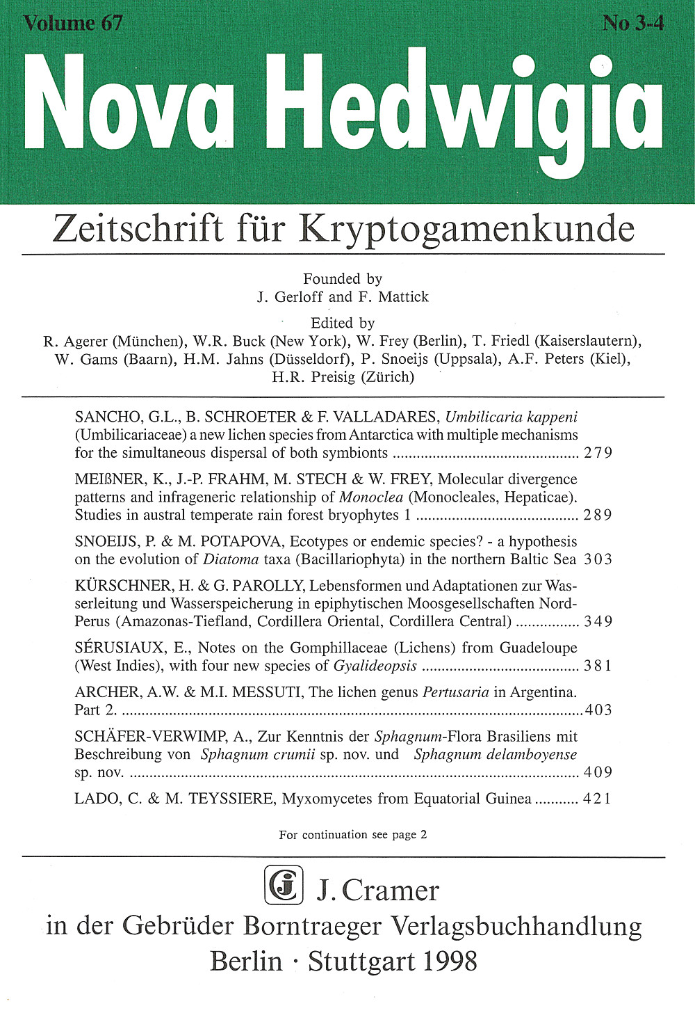 Cover image of: Nova Hedwigia Band 67 Heft 3-4