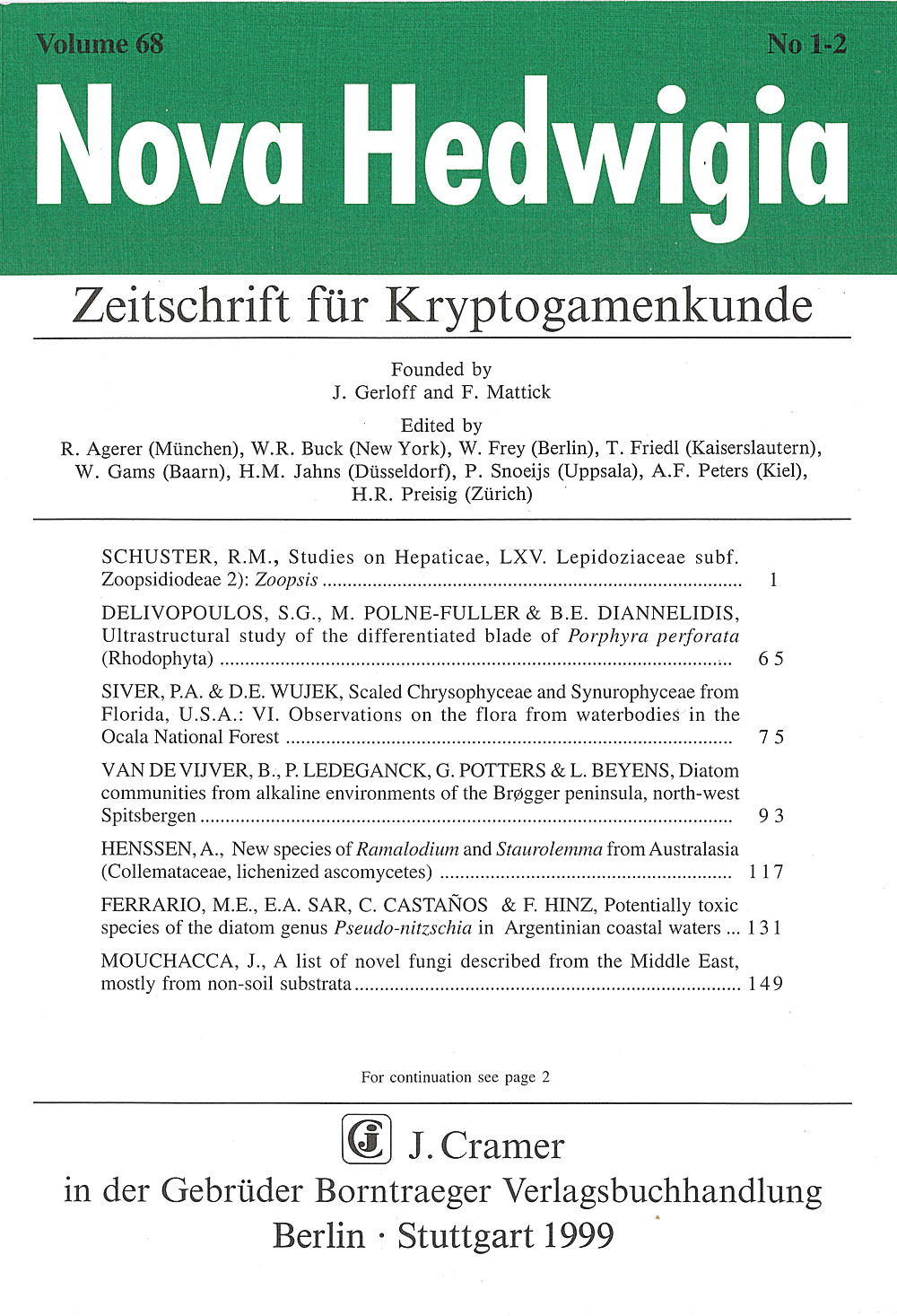 Umschlagbild des Buches: Nova Hedwigia Band 68 Heft 1-2
