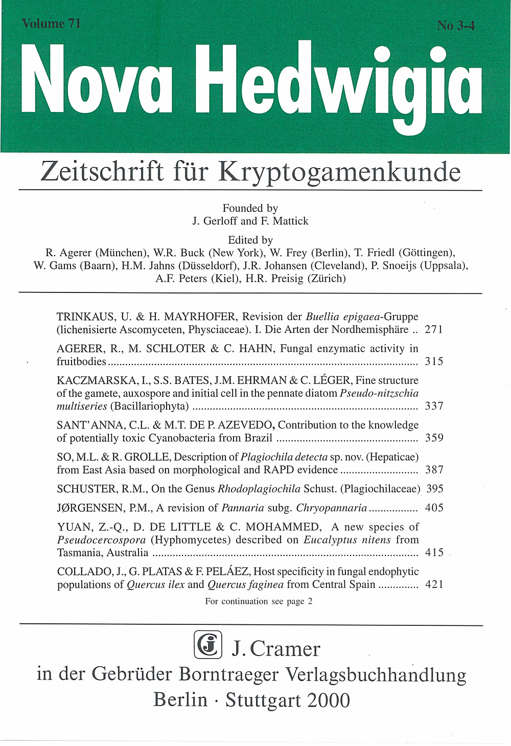 Cover image of: Nova Hedwigia Band 71 Heft 3-4