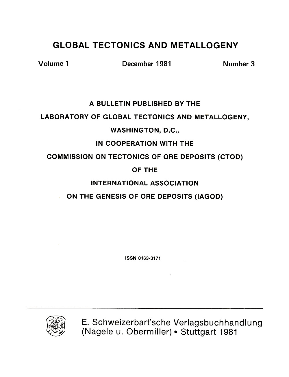 Cover image of: Global Tectonics and Metallogeny Volume 1 Number 3