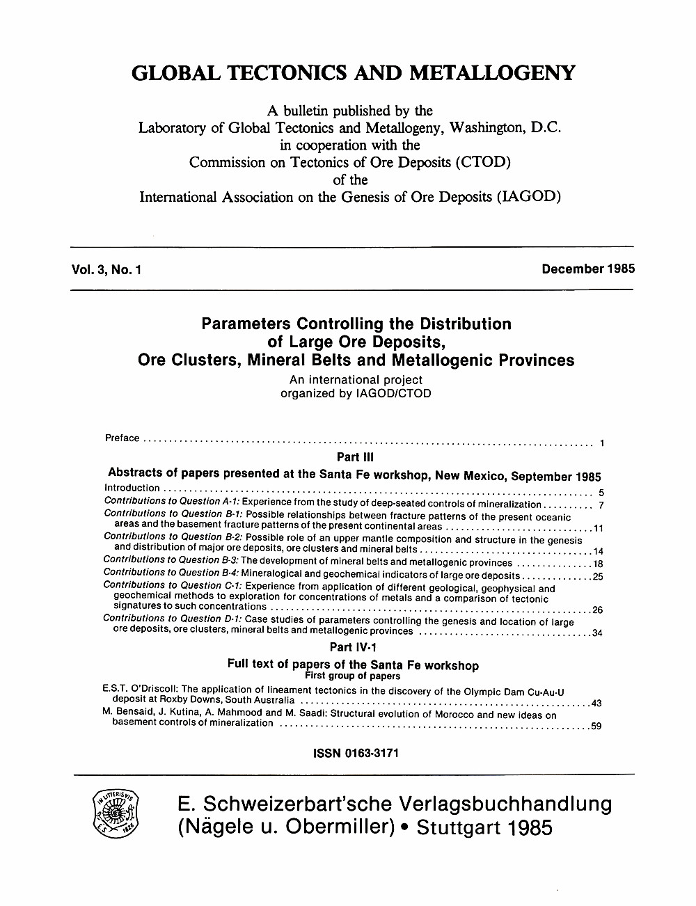 Umschlagbild des Buches:  - Global Tectonics and Metallogeny Volume 3 Number 1 