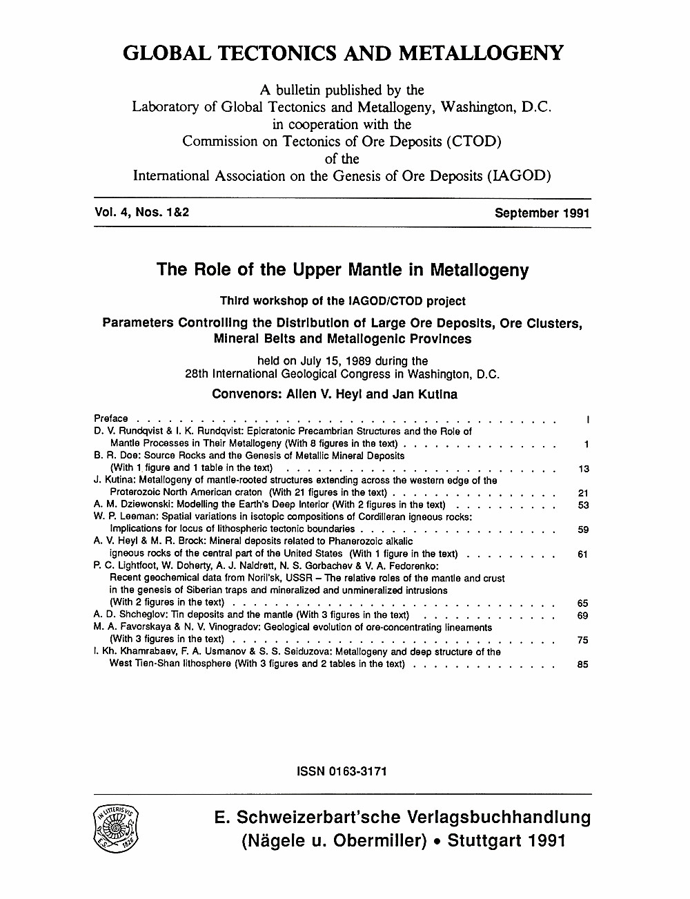 Cover image of: Global Tectonics and Metallogeny Volume 4 Number 1-2
