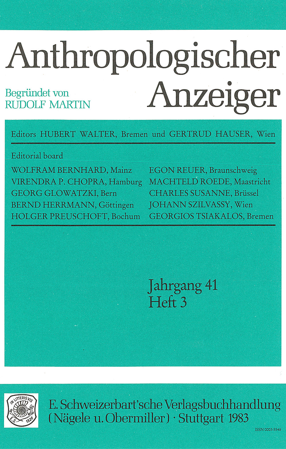 Umschlagbild des Buches: - Anthropologischer Anzeiger Volume 41 No. 3