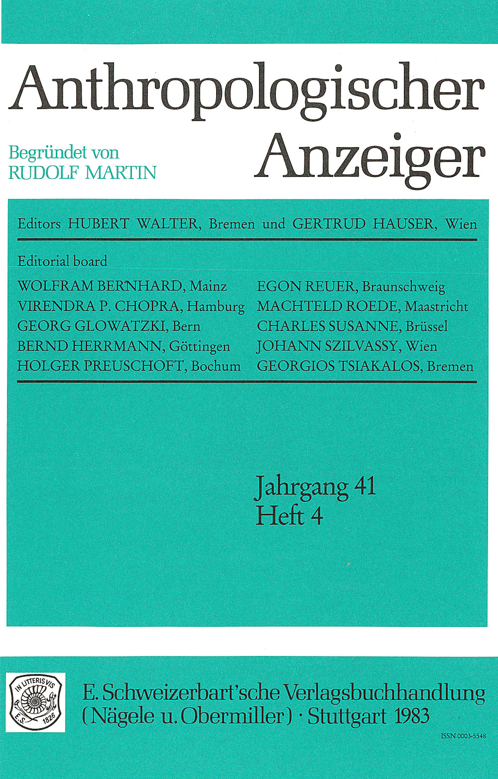 Image de couverture de:  - Anthropologischer Anzeiger Volume 41 No. 4 
