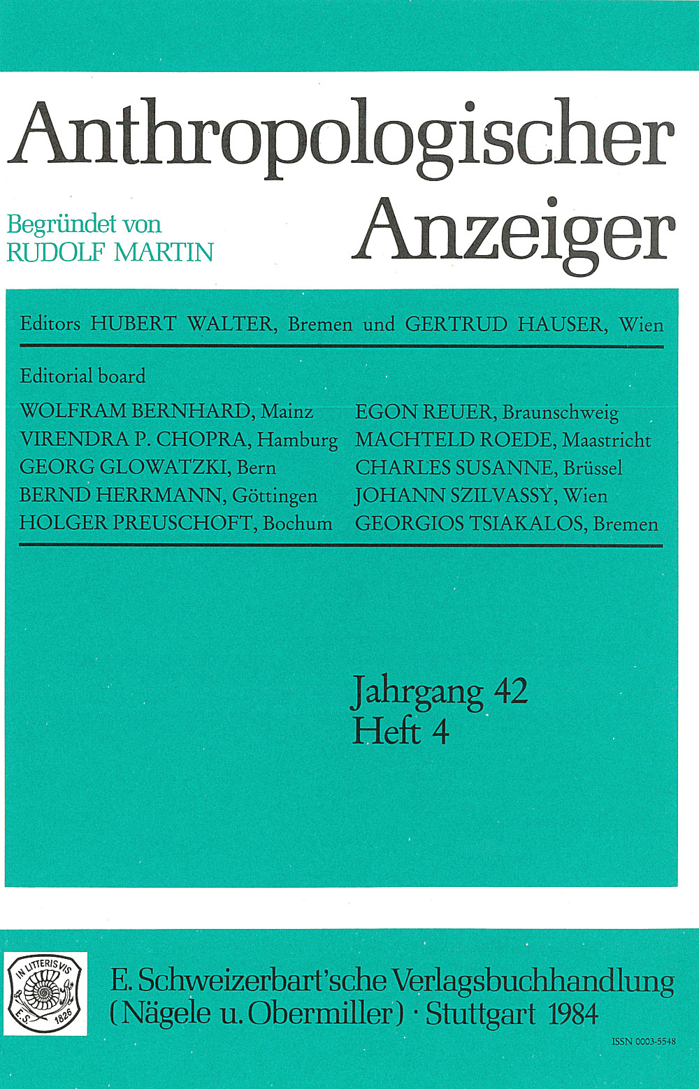 Umschlagbild des Buches: - Anthropologischer Anzeiger Volume 42 No. 4