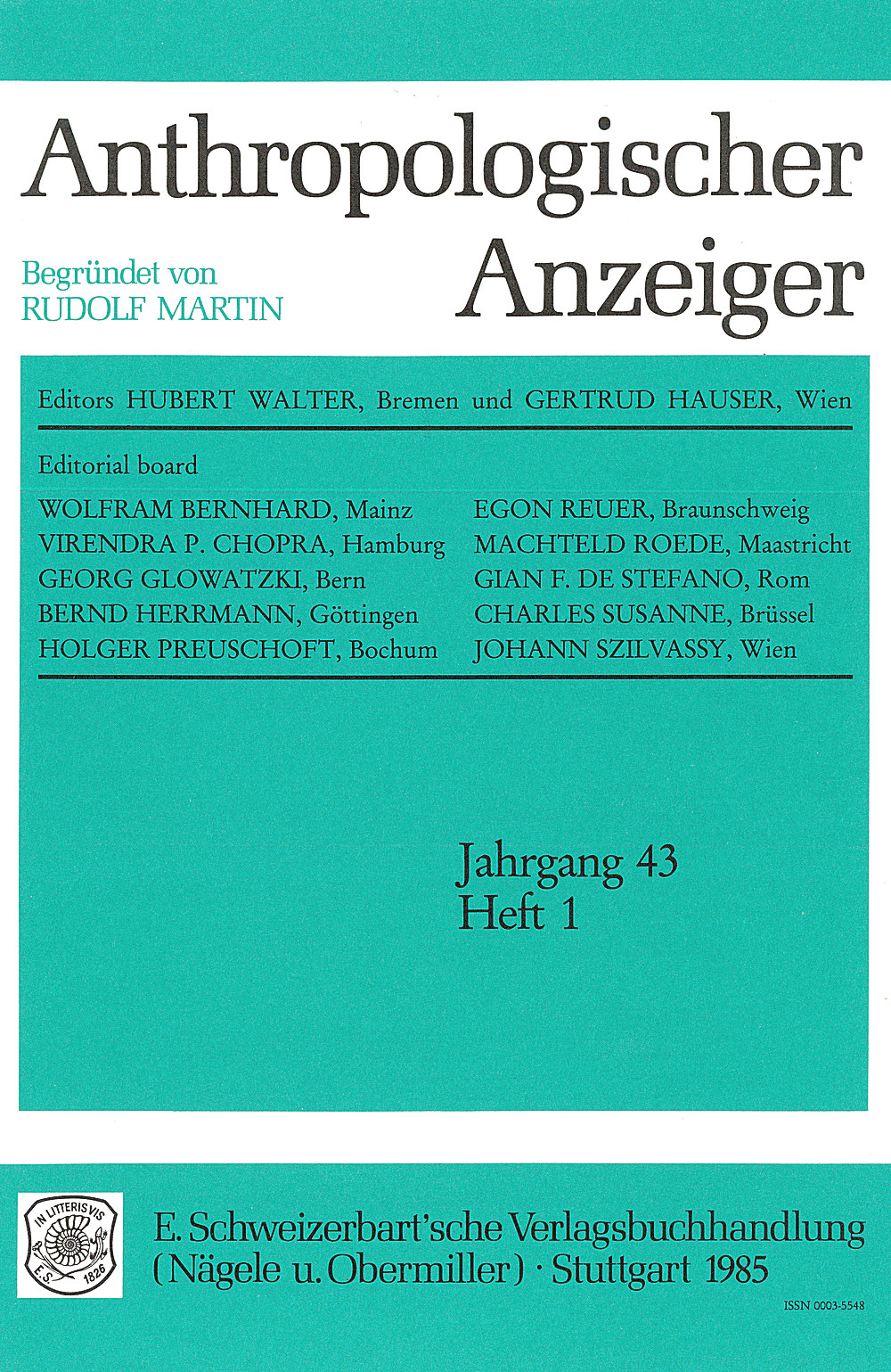 Cover image of: - Anthropologischer Anzeiger Volume 43 No. 1