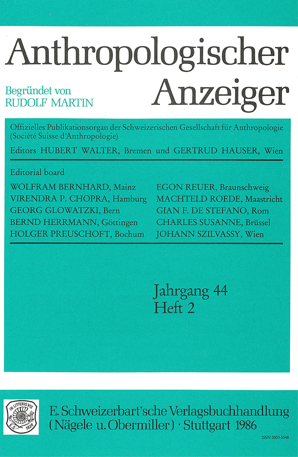 Cover image of:  - Anthropologischer Anzeiger Volume 44 No. 2 