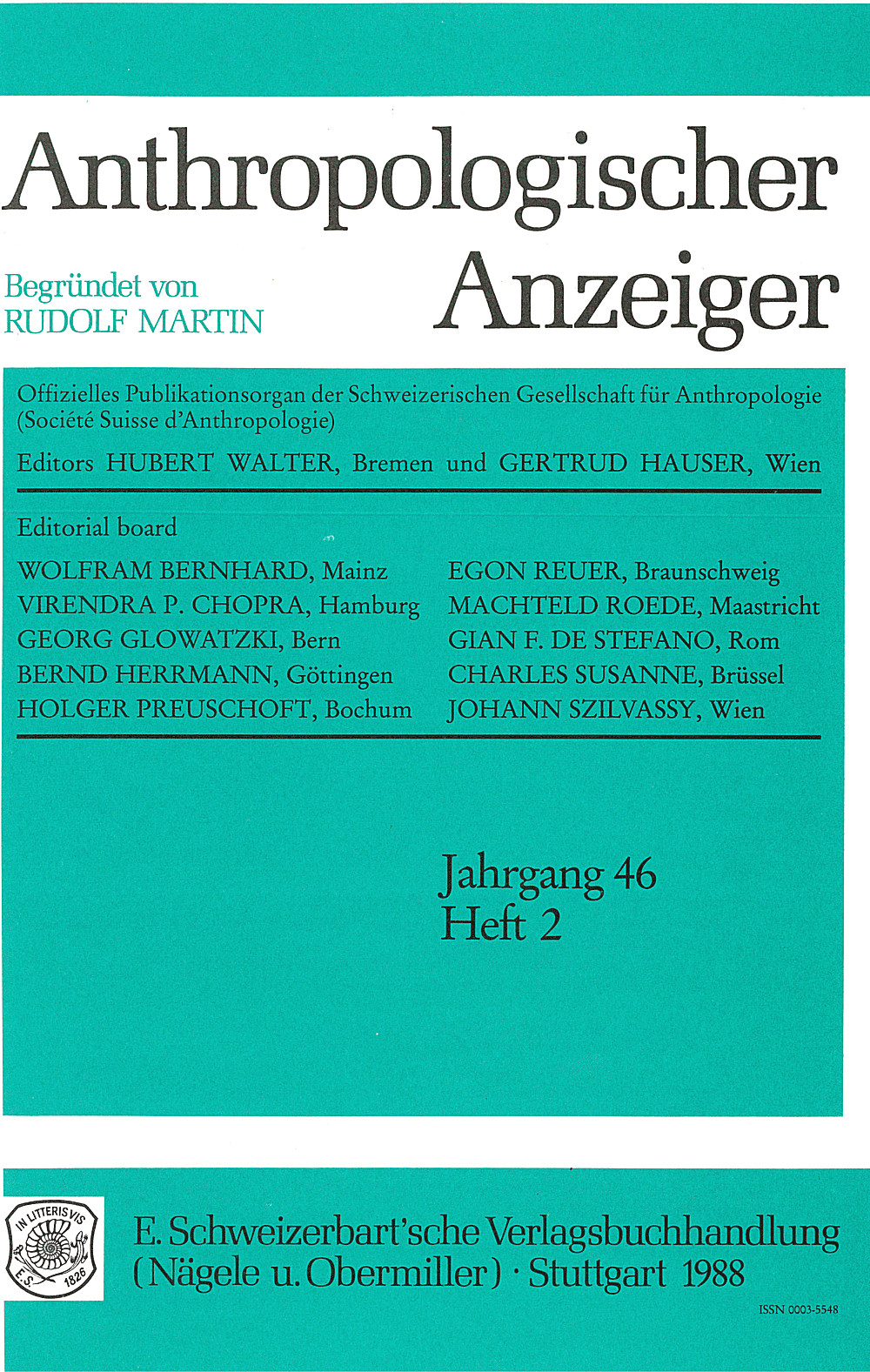 Image de couverture de: Anthropologischer Anzeiger Volume 46 No. 2
