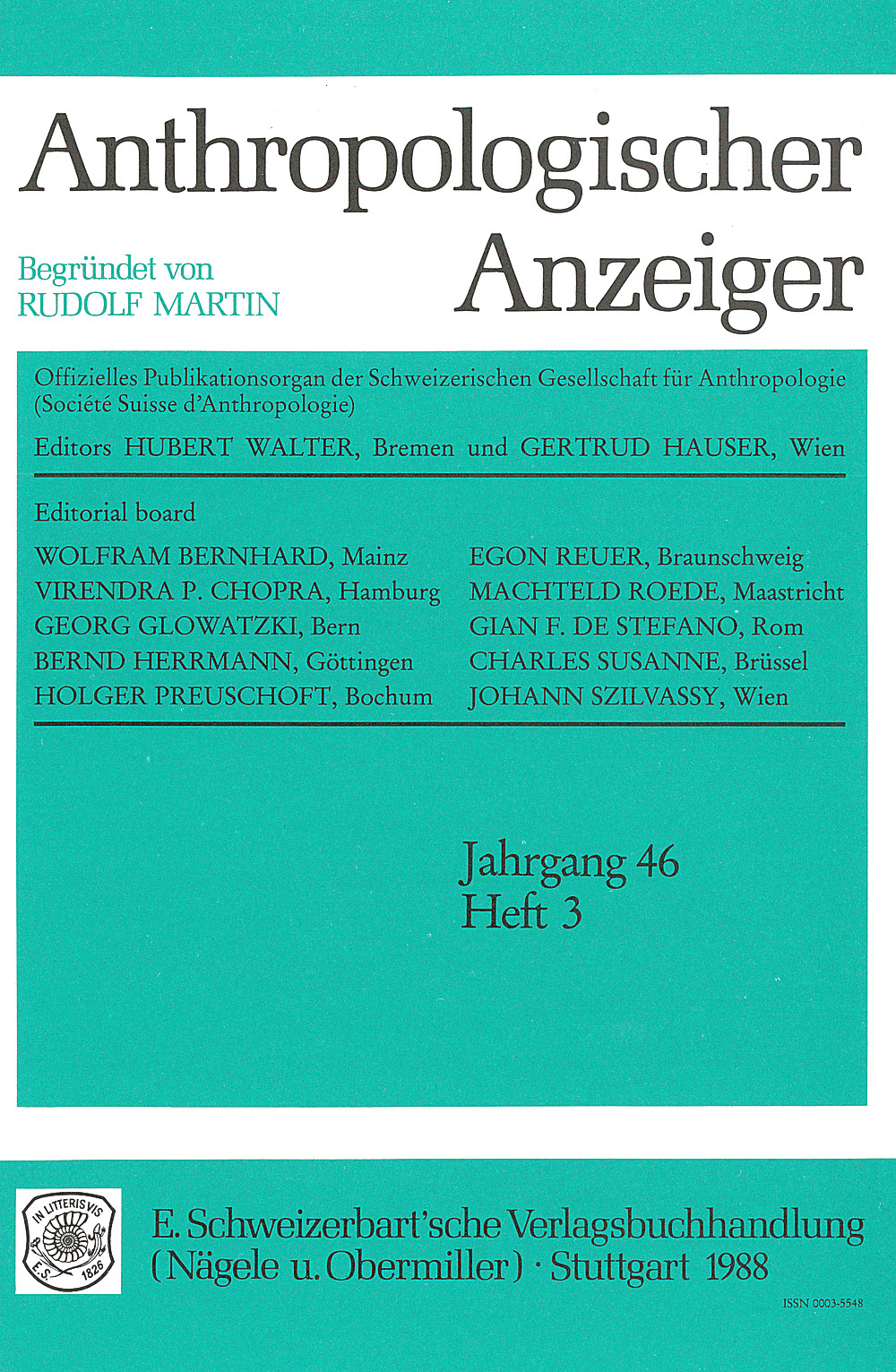 Image de couverture de: Anthropologischer Anzeiger Volume 46 No. 3