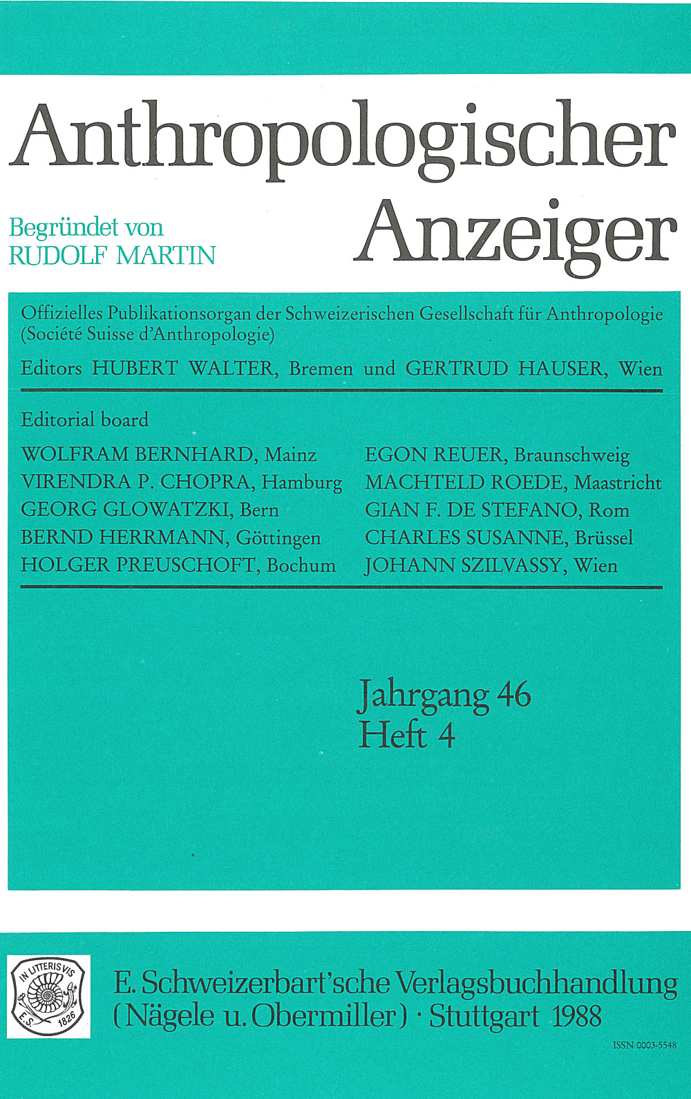 Image de couverture de: Anthropologischer Anzeiger Volume 46 No. 4