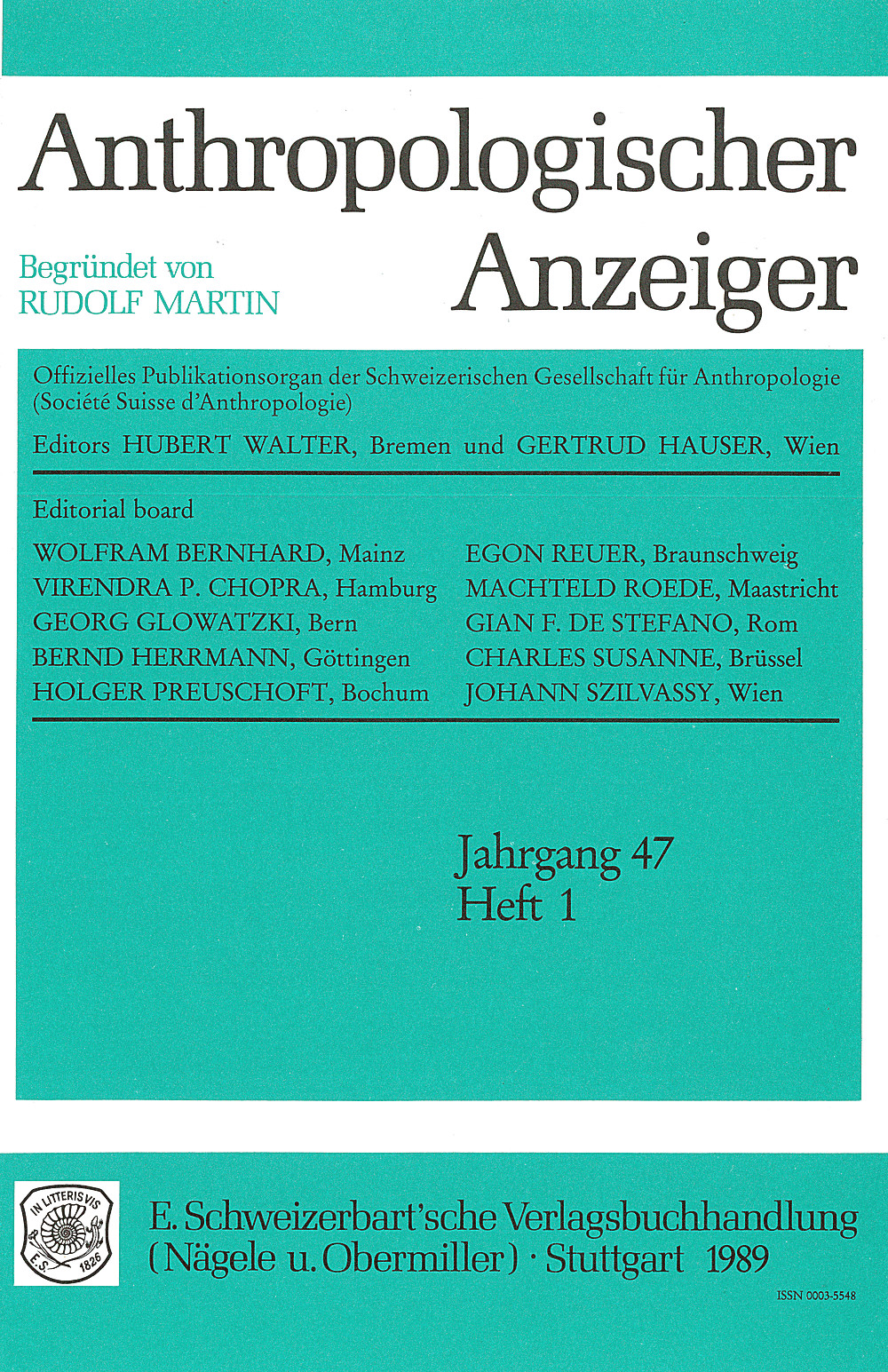 Cover image of: Anthropologischer Anzeiger Volume 47 No. 1