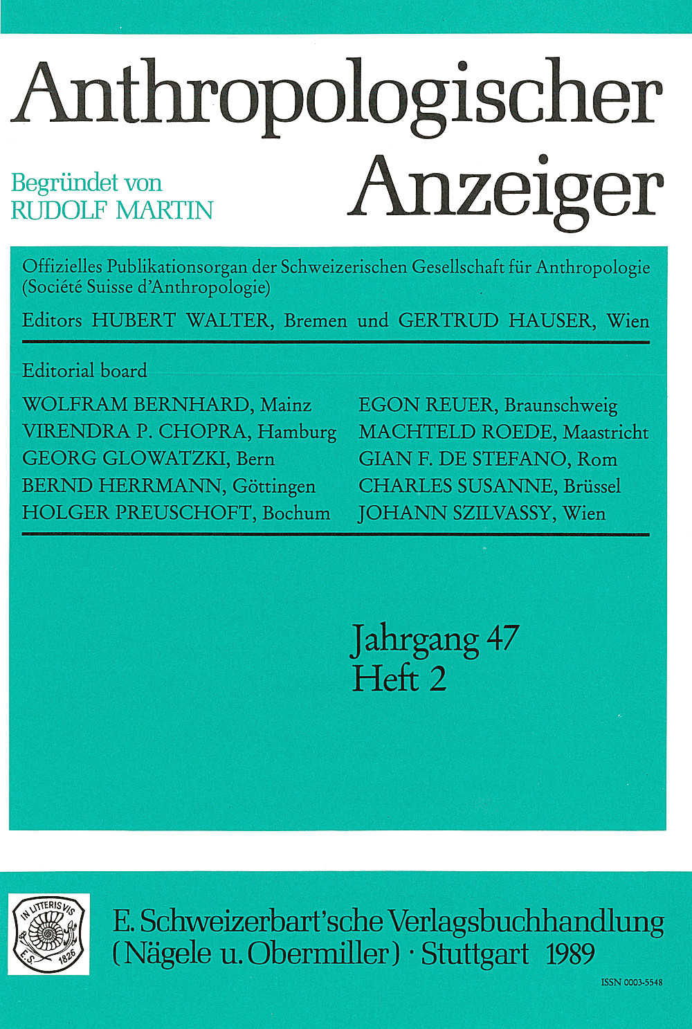 Cover image of: Anthropologischer Anzeiger Volume 47 No. 2