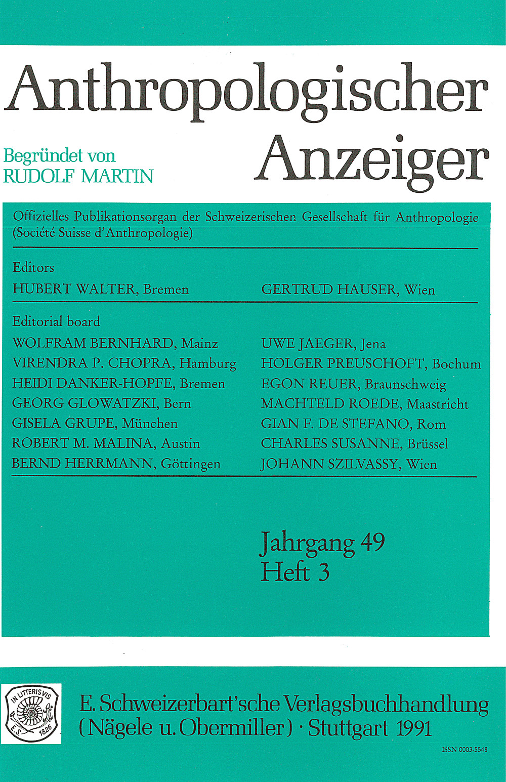 Cover image of: Anthropologischer Anzeiger Volume 49 No. 3