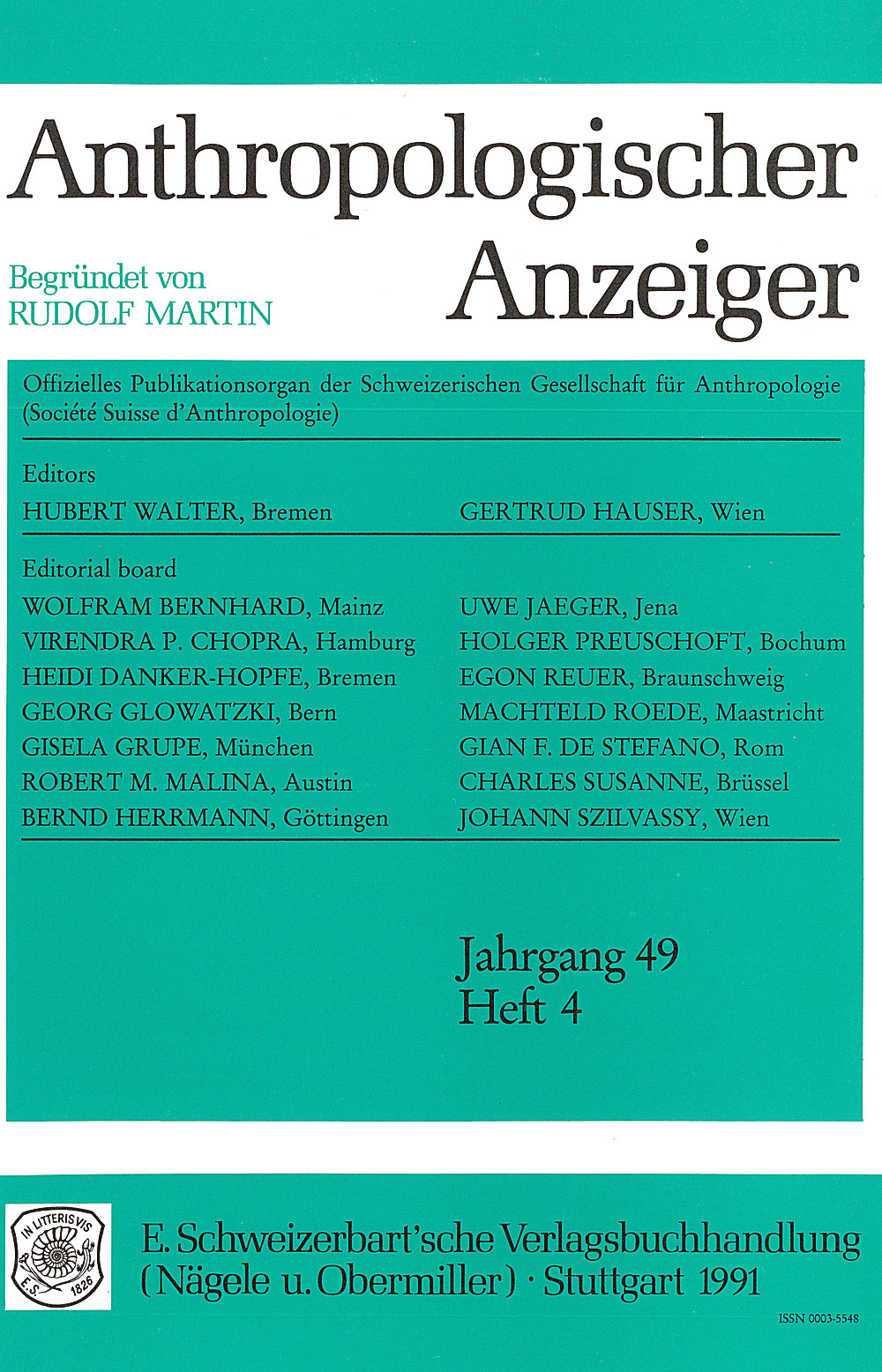 Cover image of: Anthropologischer Anzeiger Volume 49 No. 4
