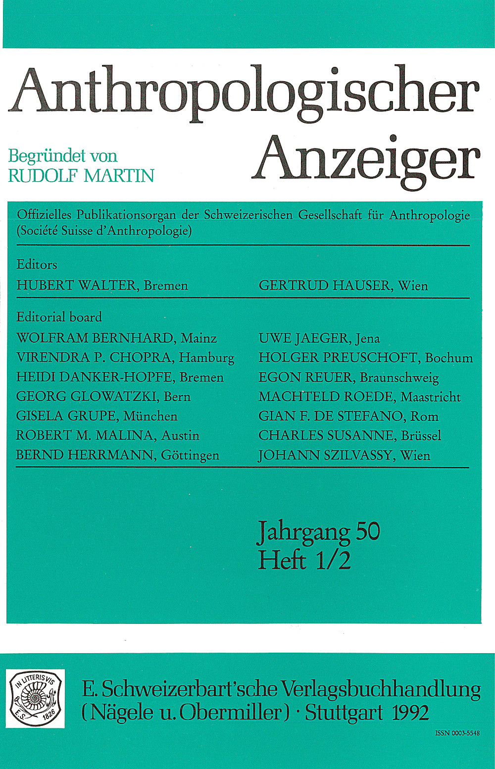 Cover image of: Anthropologischer Anzeiger Volume 50 No. 1-2