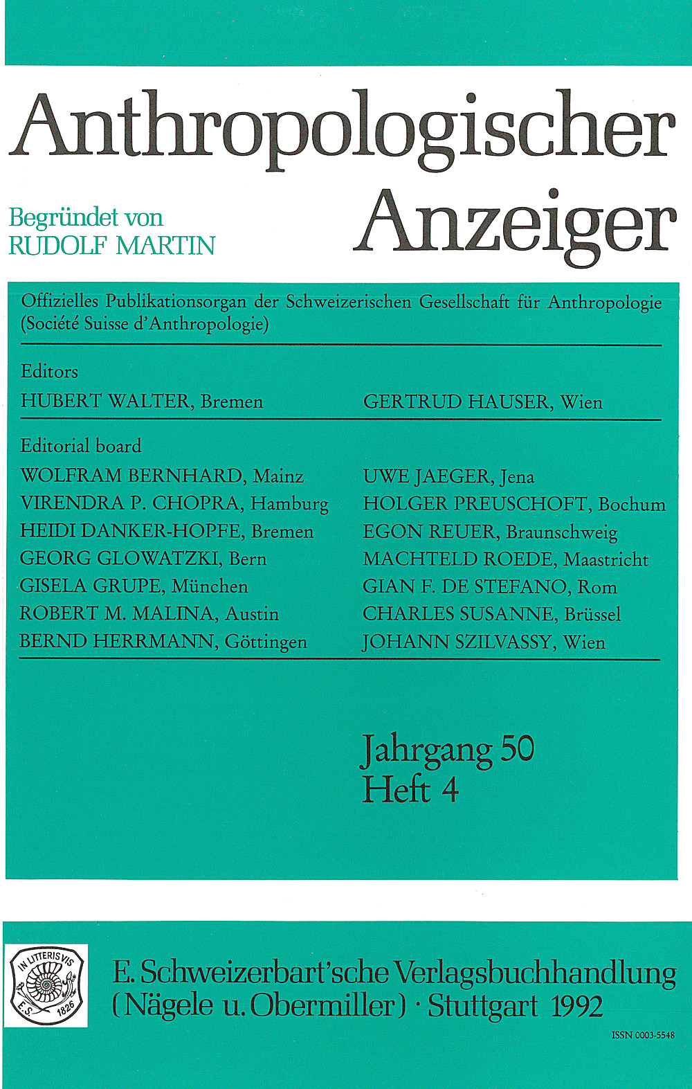 Cover image of: Anthropologischer Anzeiger Volume 50 No. 4