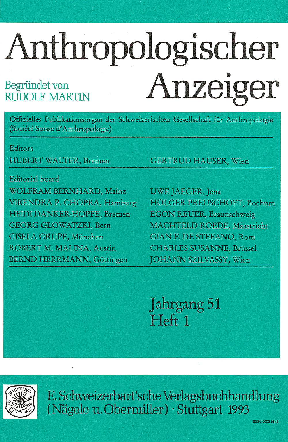 Umschlagbild des Buches: Anthropologischer Anzeiger Volume 51 No. 1