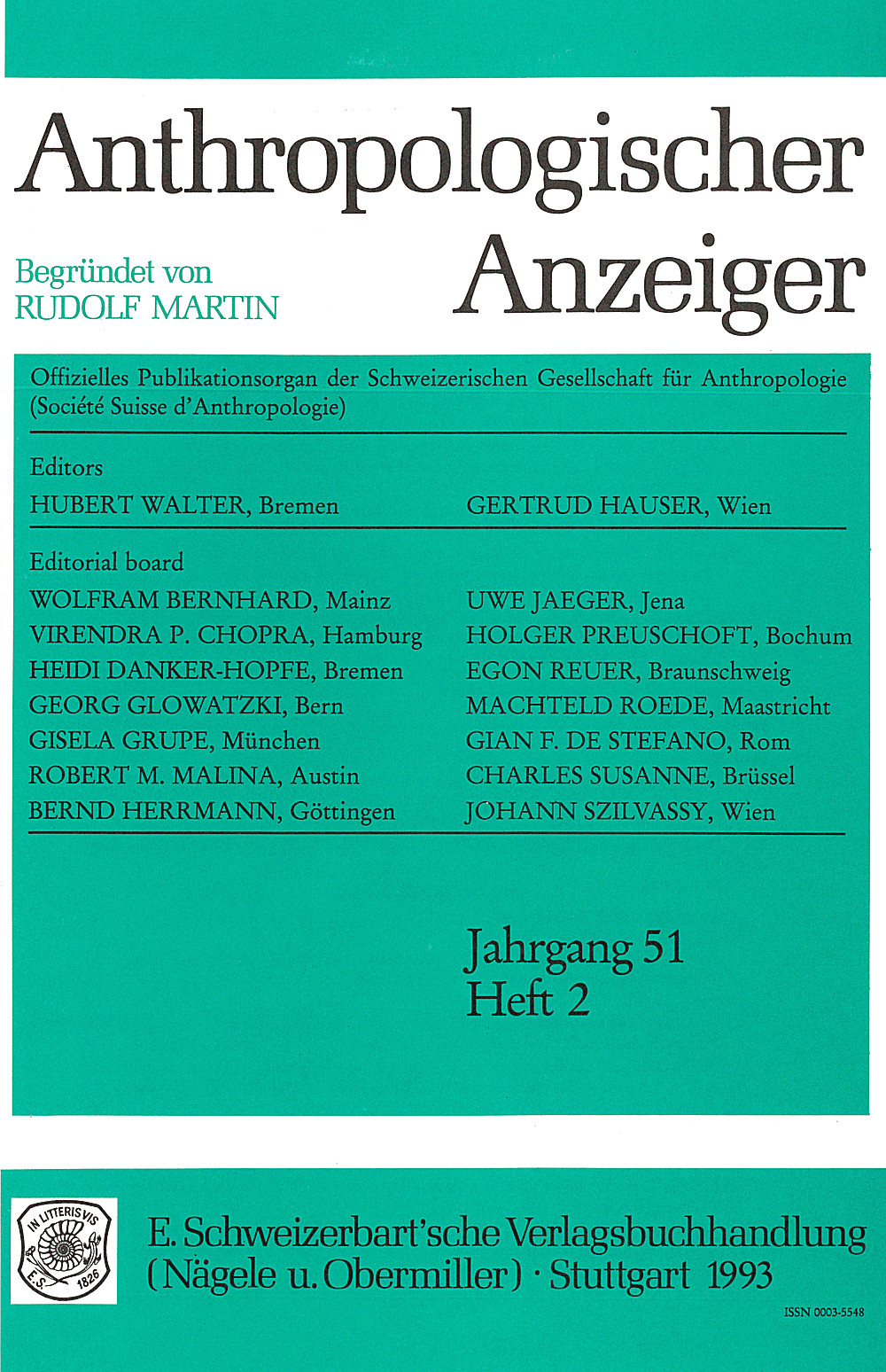 Umschlagbild des Buches: Anthropologischer Anzeiger Volume 51 No. 2