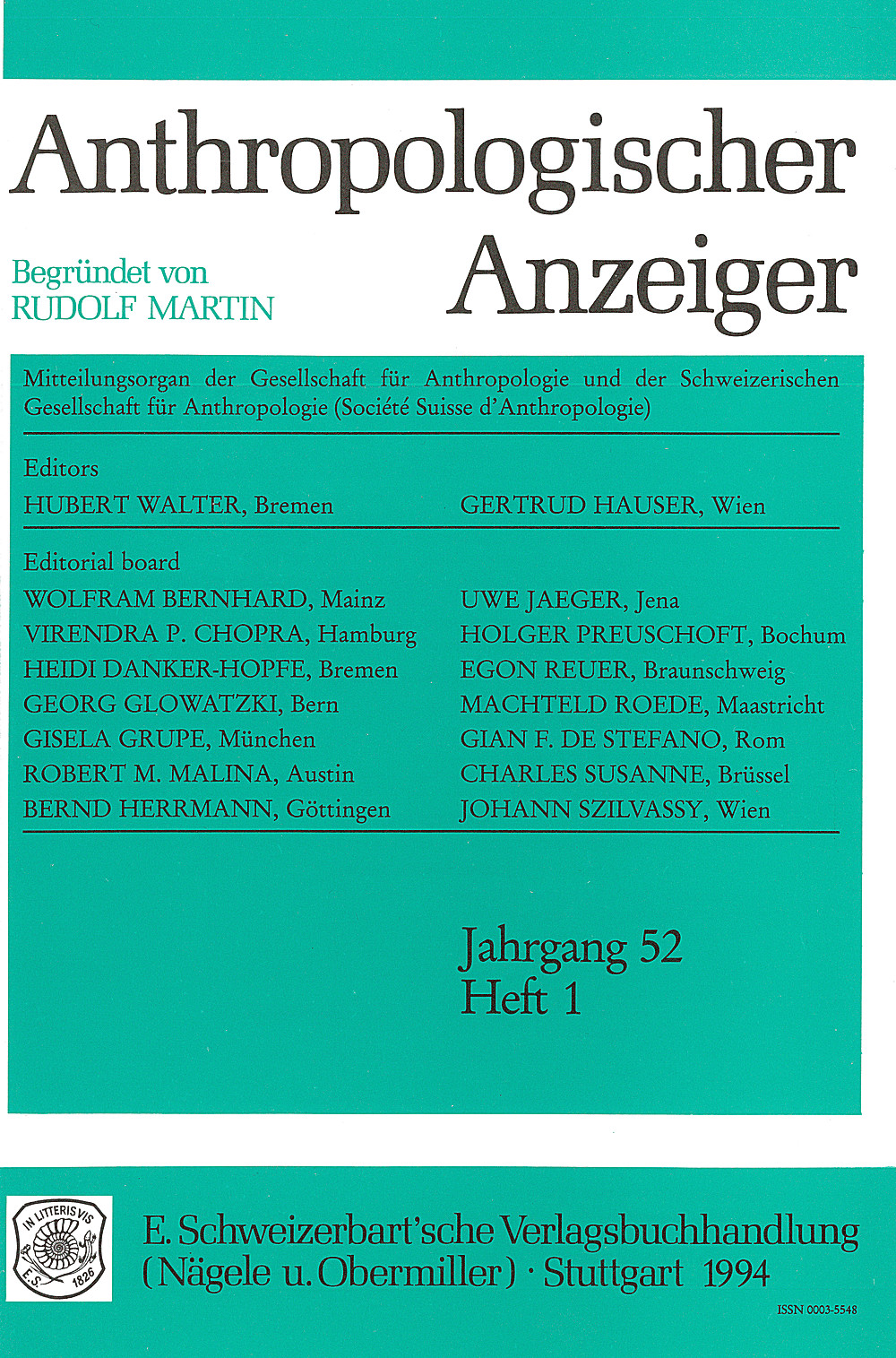 Cover image of: Anthropologischer Anzeiger Volume 52 No. 1