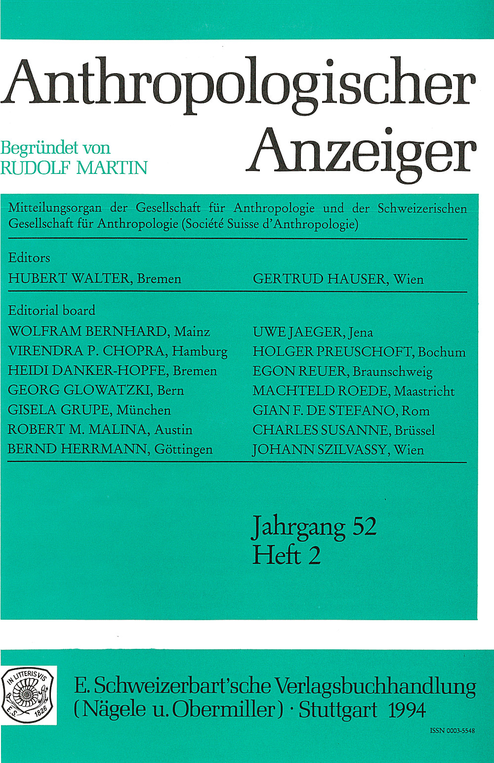 Cover image of: Anthropologischer Anzeiger Volume 52 No. 2