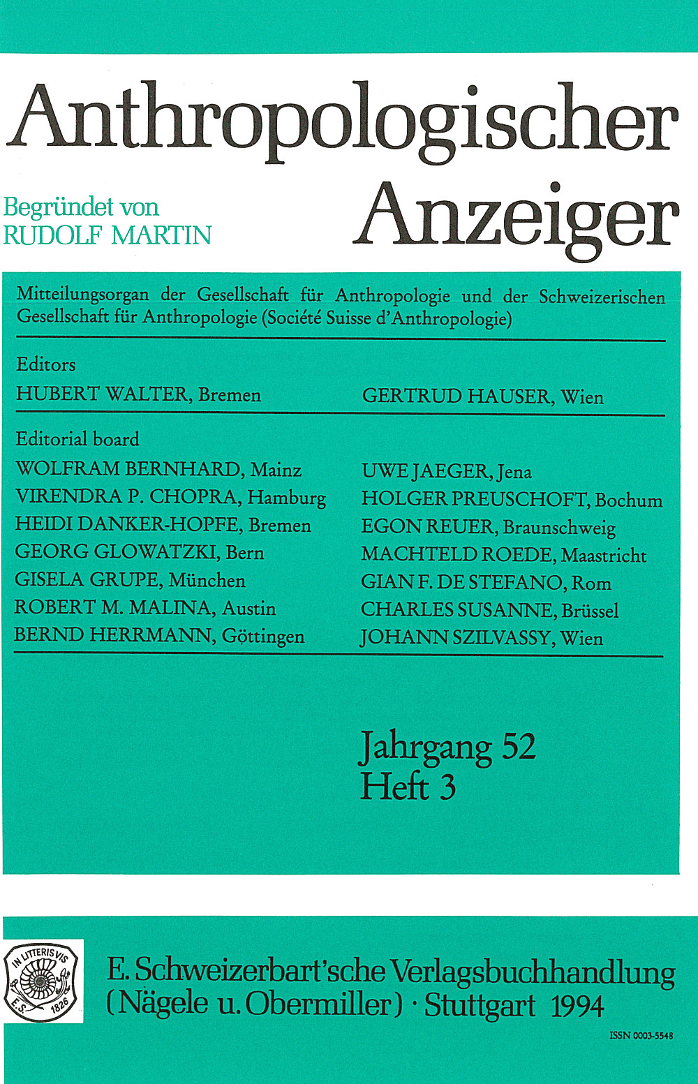 Cover image of: Anthropologischer Anzeiger Volume 52 No. 3