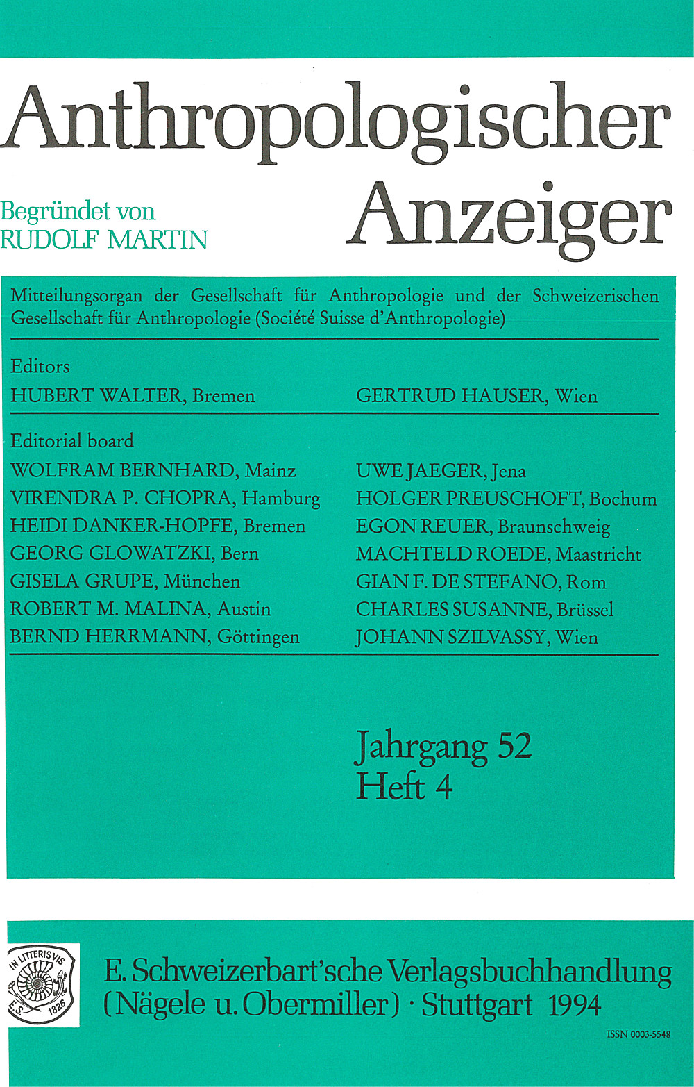 Cover image of: Anthropologischer Anzeiger Volume 52 No. 4