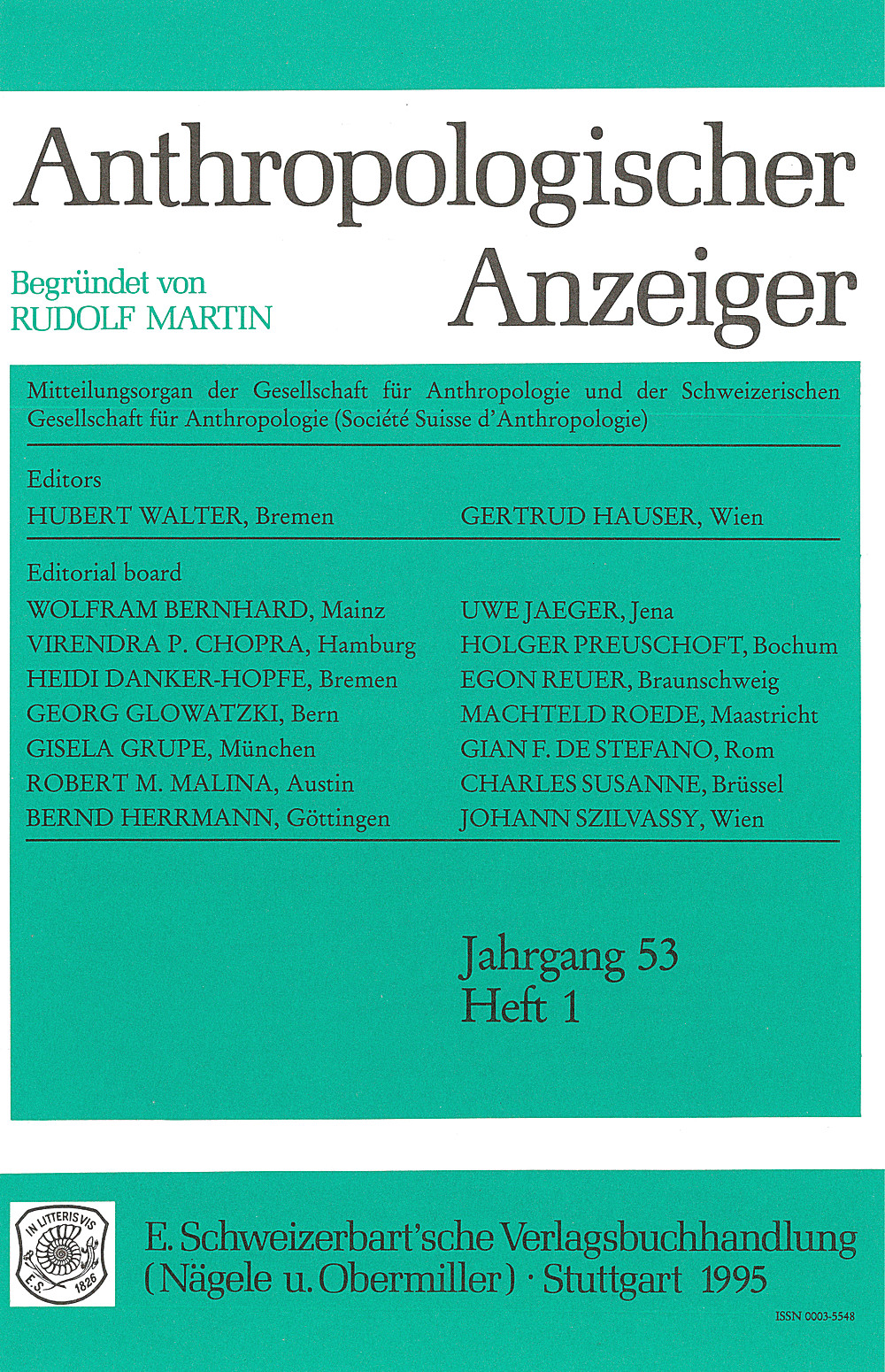 Cover image of: Anthropologischer Anzeiger Volume 53 No. 1