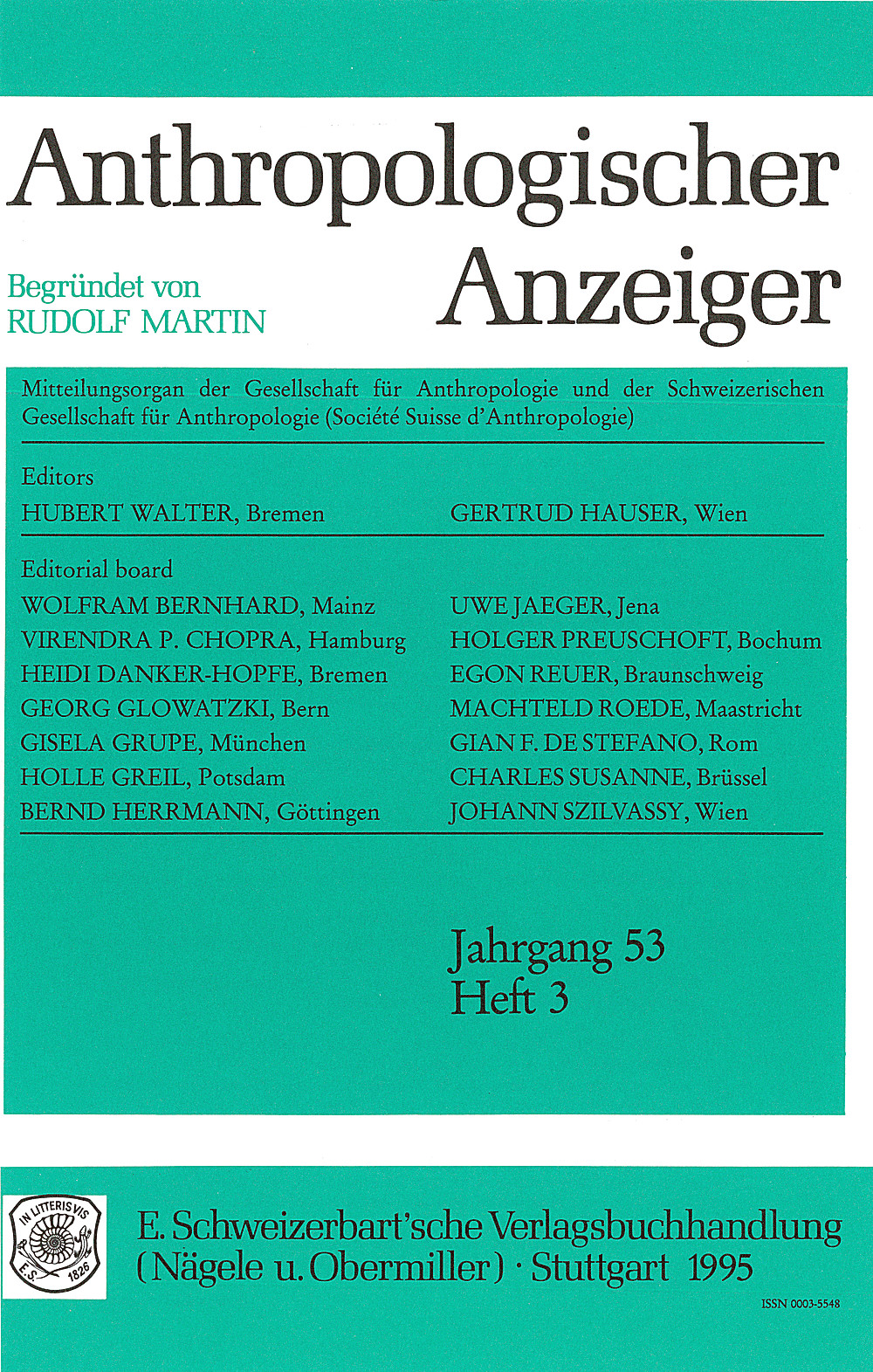 Cover image of: Anthropologischer Anzeiger Volume 53 No. 3