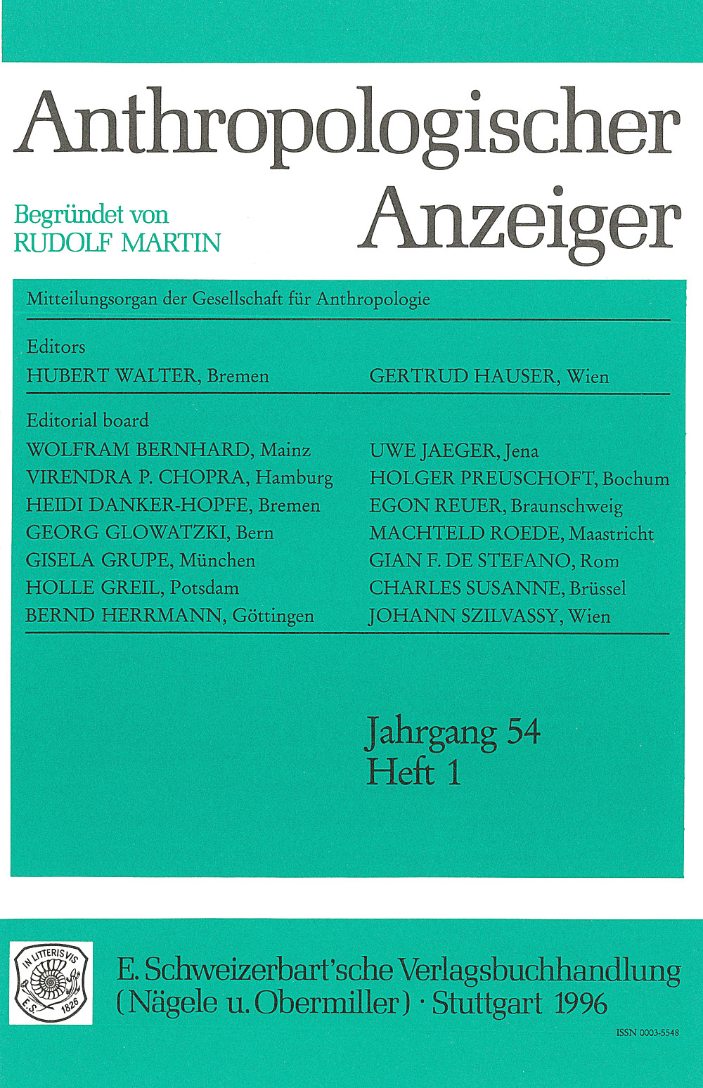 Cover image of: Anthropologischer Anzeiger Volume 54 No. 1