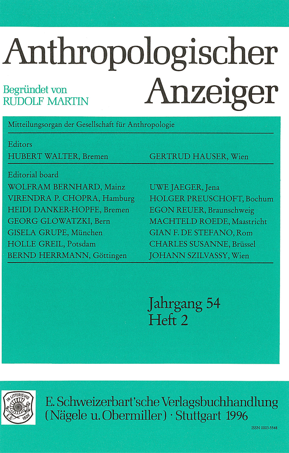 Cover image of: Anthropologischer Anzeiger Volume 54 No. 2
