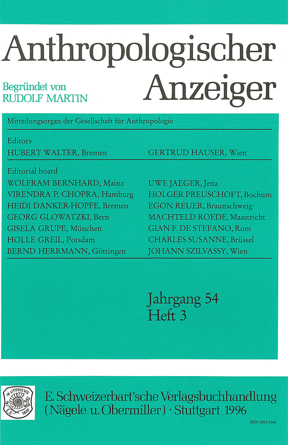 Cover image of: Anthropologischer Anzeiger Volume 54 No. 3
