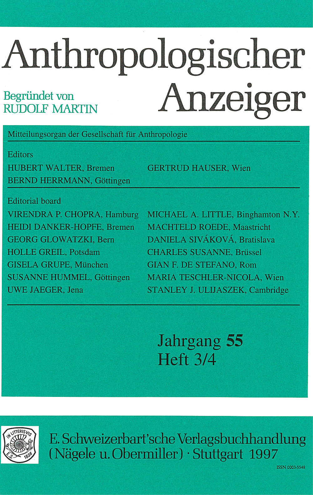 Cover image of: Anthropologischer Anzeiger Volume 55 No. 3-4