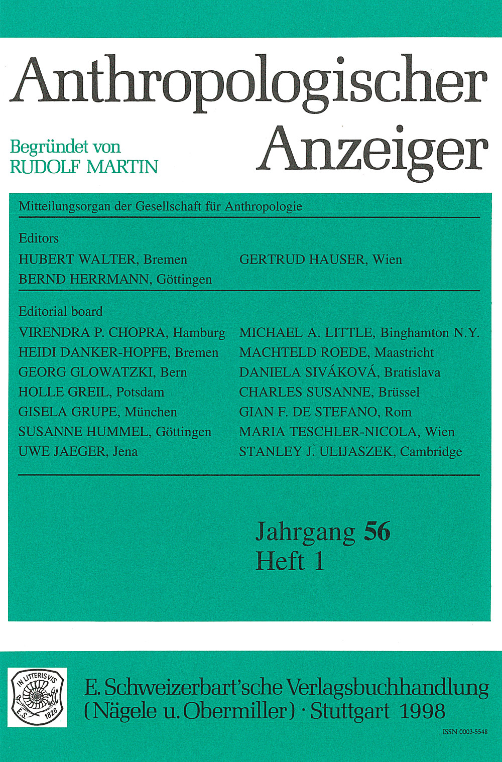 Image de couverture de: Anthropologischer Anzeiger Volume 56 No. 1