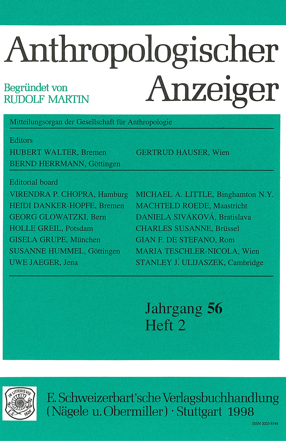 Image de couverture de: Anthropologischer Anzeiger Volume 56 No. 2