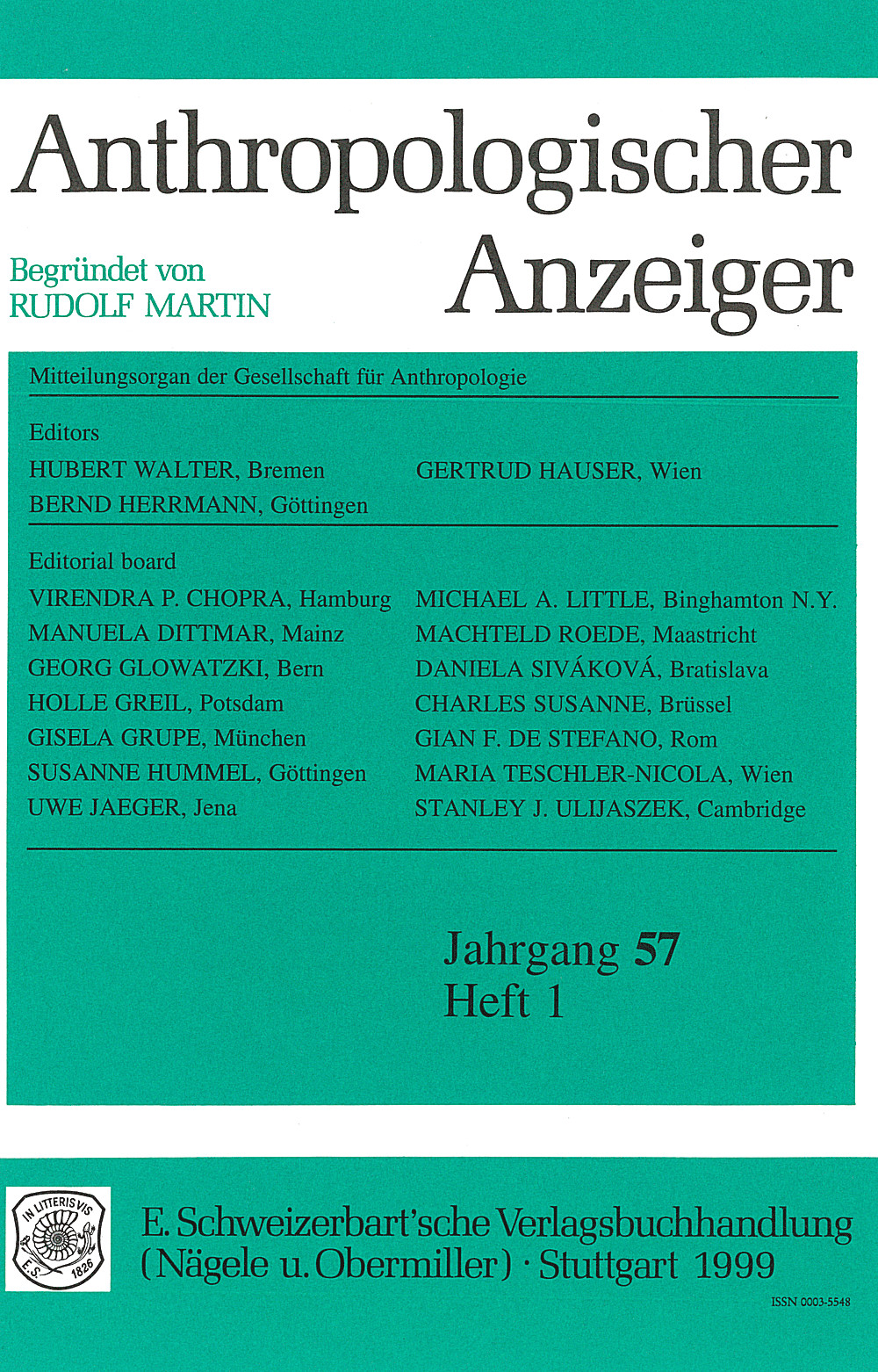 Cover image of: Anthropologischer Anzeiger Volume 57 No. 1