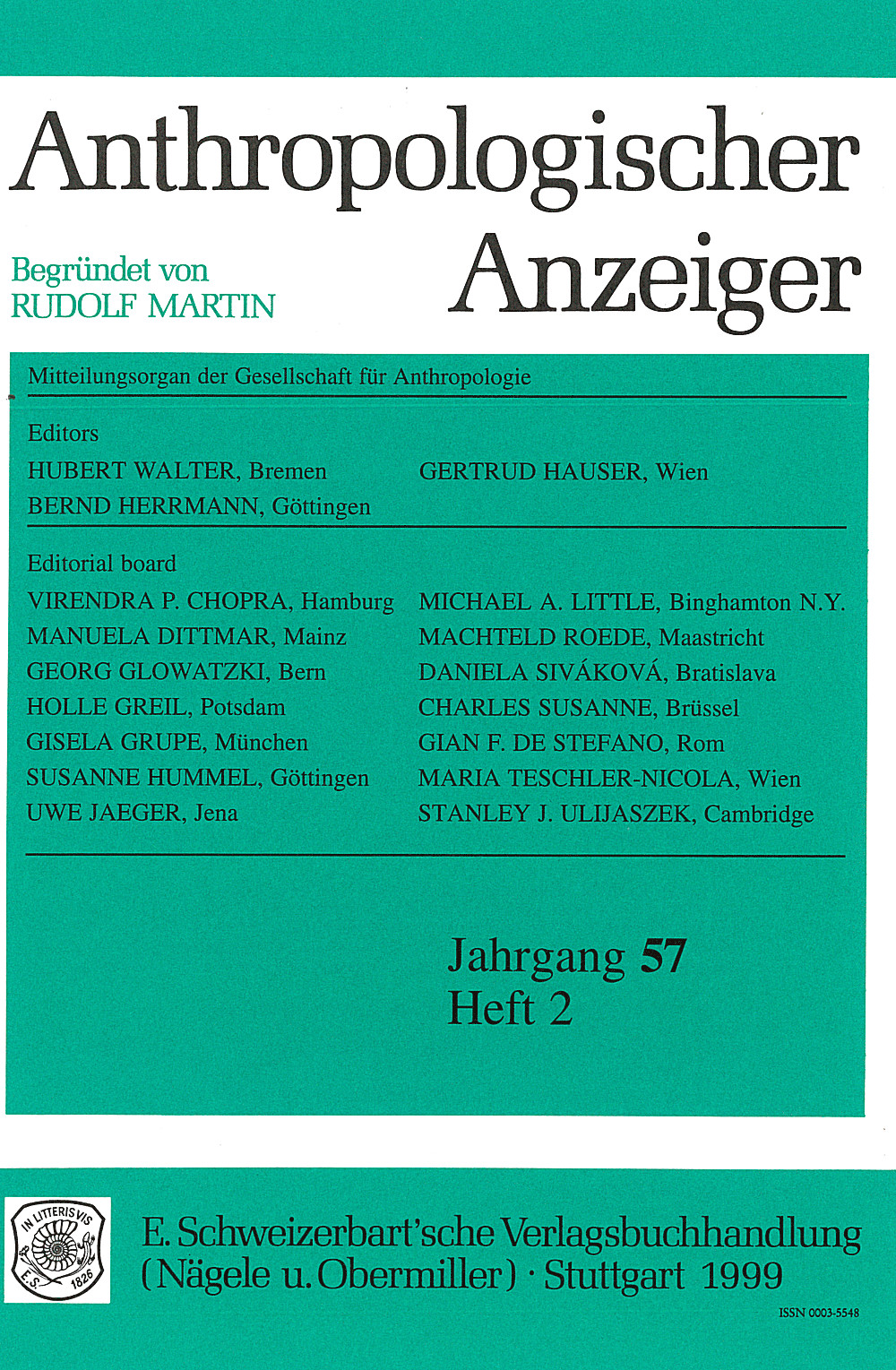 Cover image of: Anthropologischer Anzeiger Volume 57 No. 2
