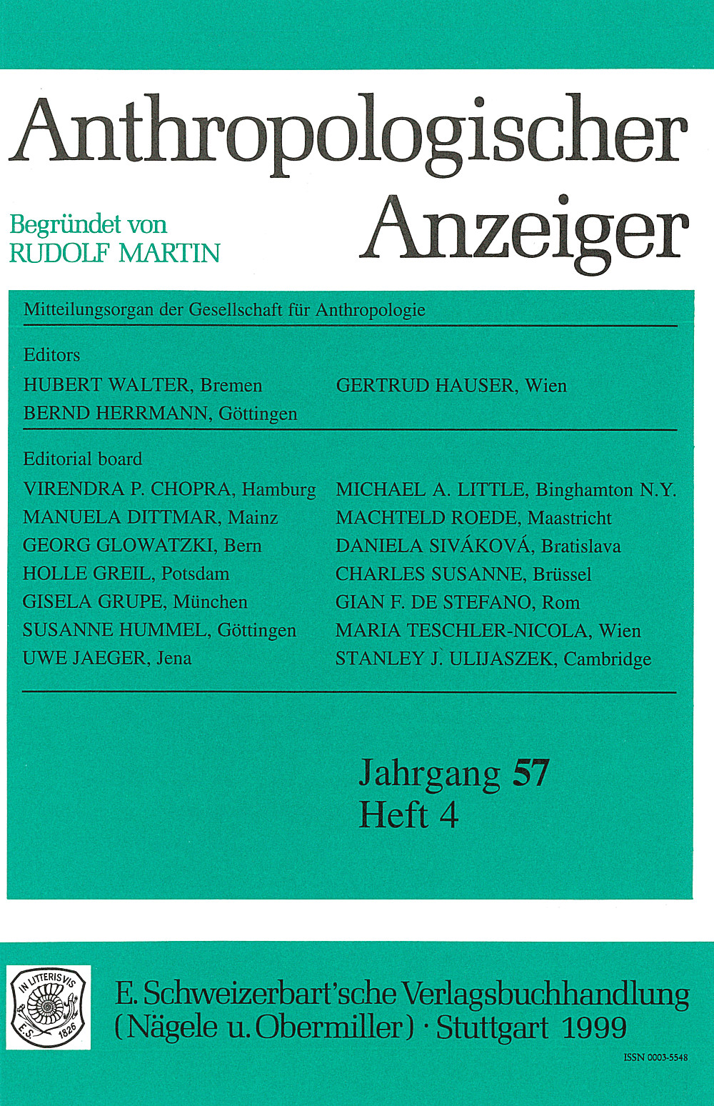 Cover image of: Anthropologischer Anzeiger Volume 57 No. 4