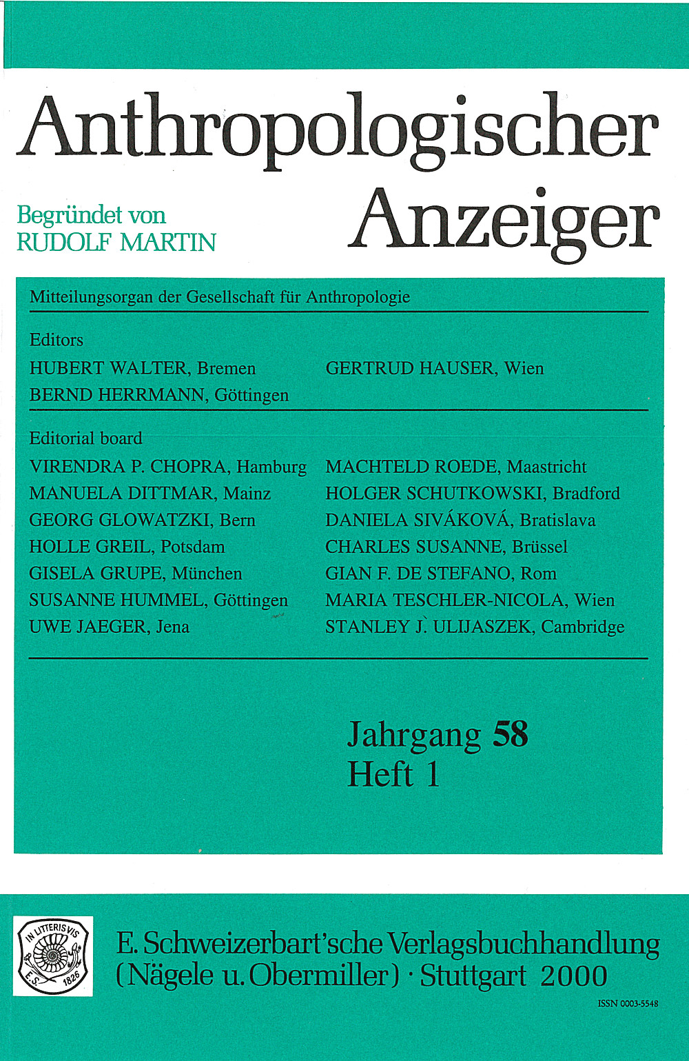 Image de couverture de: Anthropologischer Anzeiger Volume 58 No. 1
