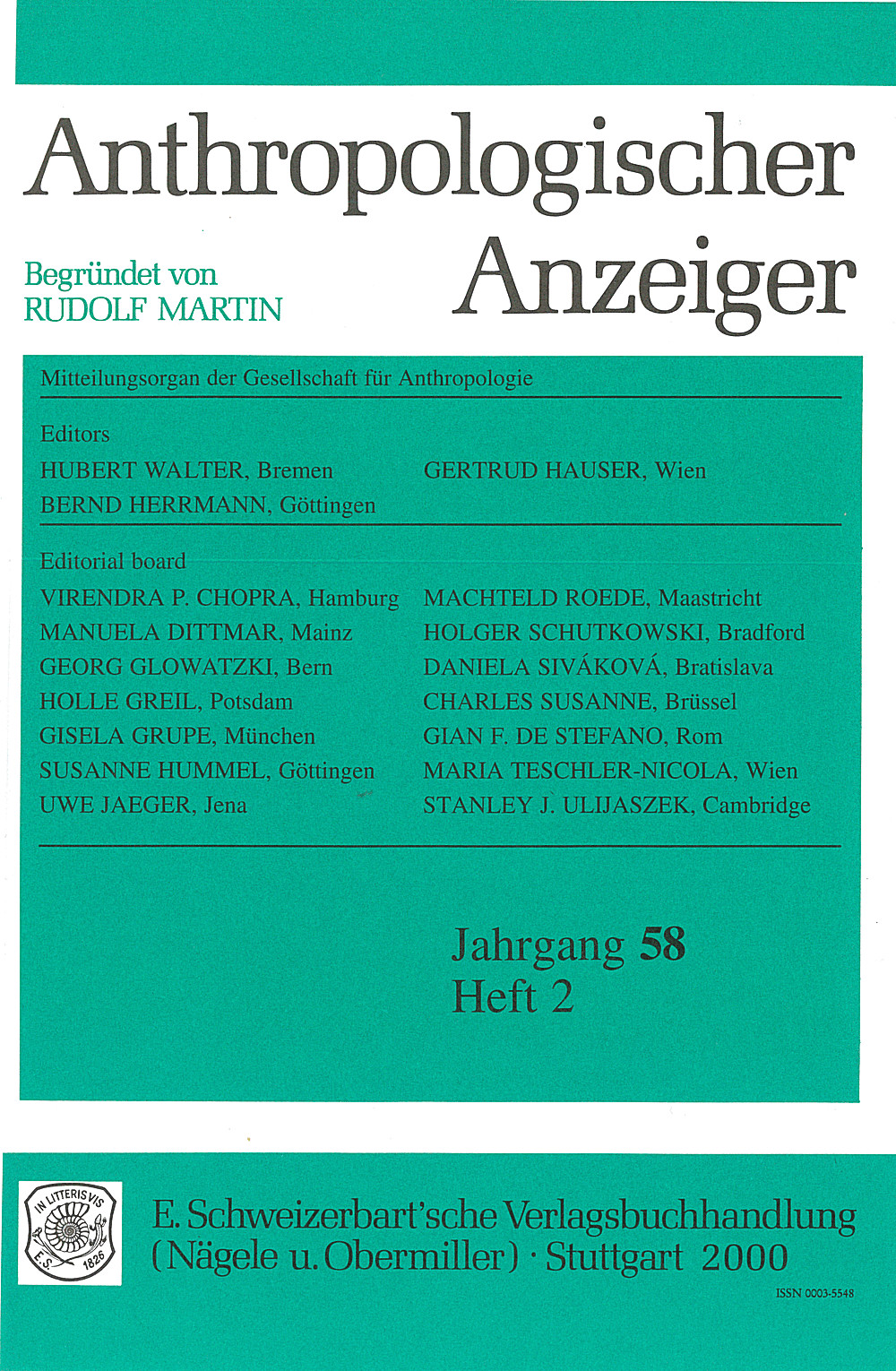 Image de couverture de: Anthropologischer Anzeiger Volume 58 No. 2