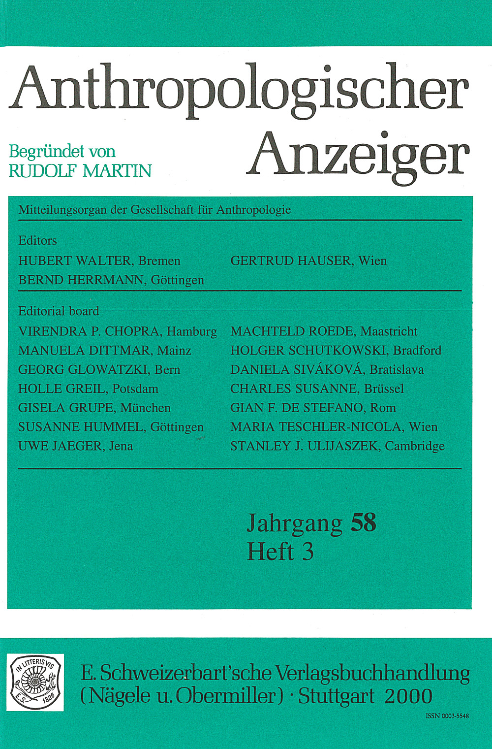 Image de couverture de: Anthropologischer Anzeiger Volume 58 No. 3