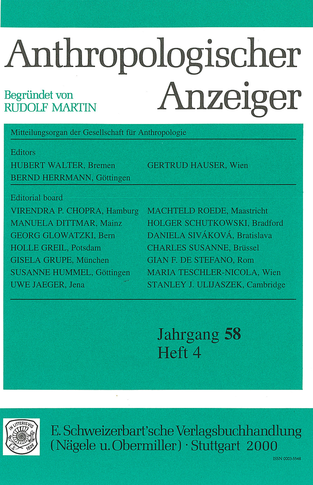 Image de couverture de: Anthropologischer Anzeiger Volume 58 No. 4