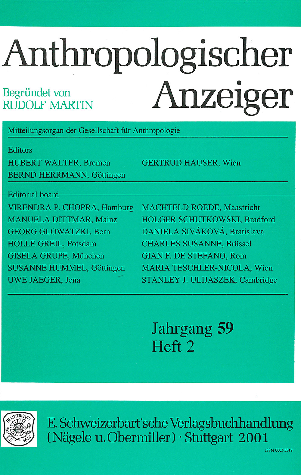 Cover image of: Anthropologischer Anzeiger Volume 59 No. 2