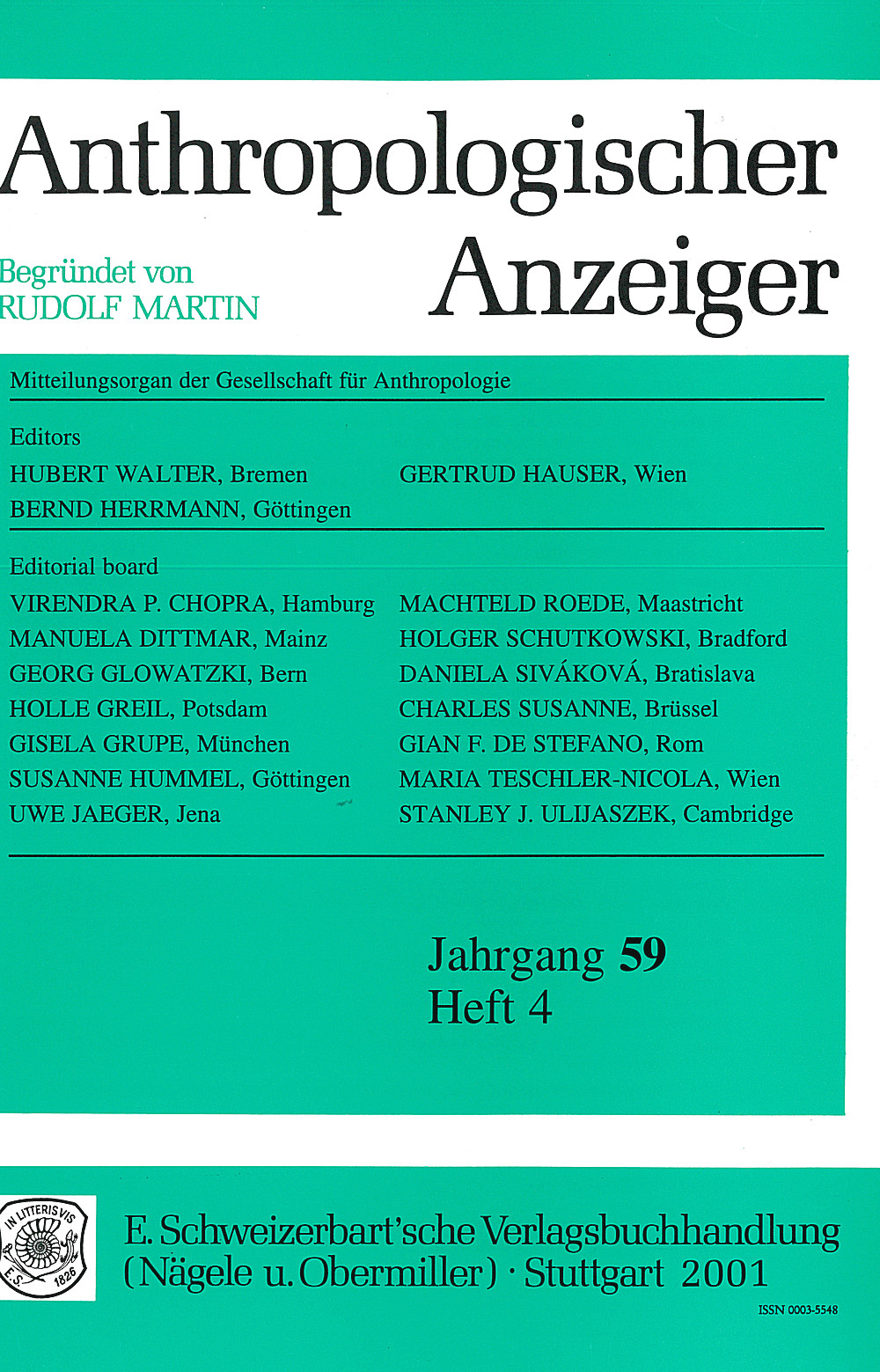 Cover image of: Anthropologischer Anzeiger Volume 59 No. 4